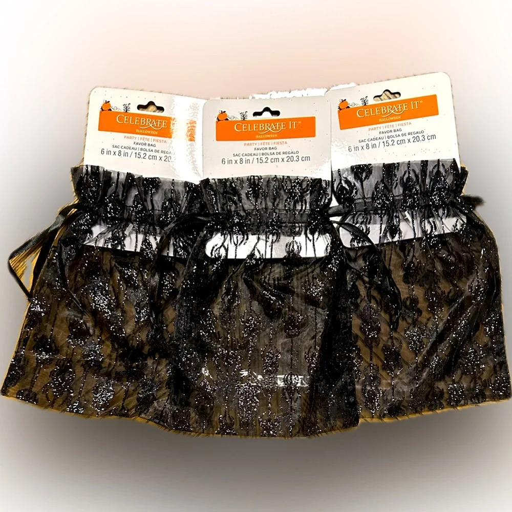SET OF 3 6”x8” CELEBRATE IT BLACK ORGANZA SPIDER HALLOWEEN SCARY GIFT TREAT BAG